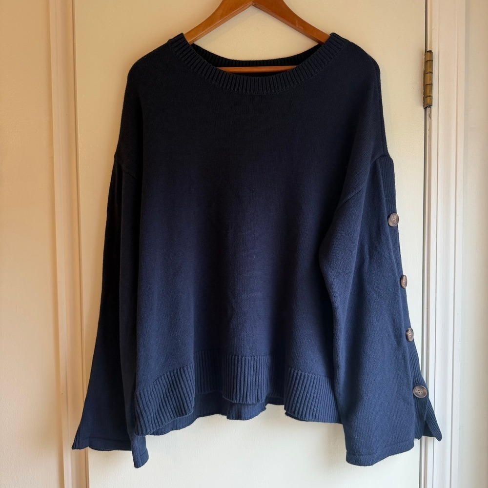 JASON WU Navy Blue Crew Neck Sweater Button Detail Long Sleeve Women's Medium